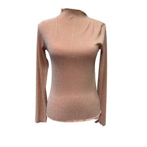 Sage + Fig Womens Small Rose Gold Metallic Shimmer Mock Neck Lettuce Edge Top